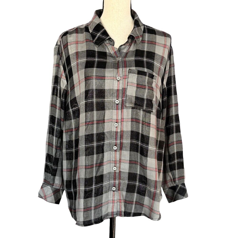Style & Co 2X-Large Button-Up Top Plaid Shimmer Accent Pocket Long Sleeve Hi-Low
